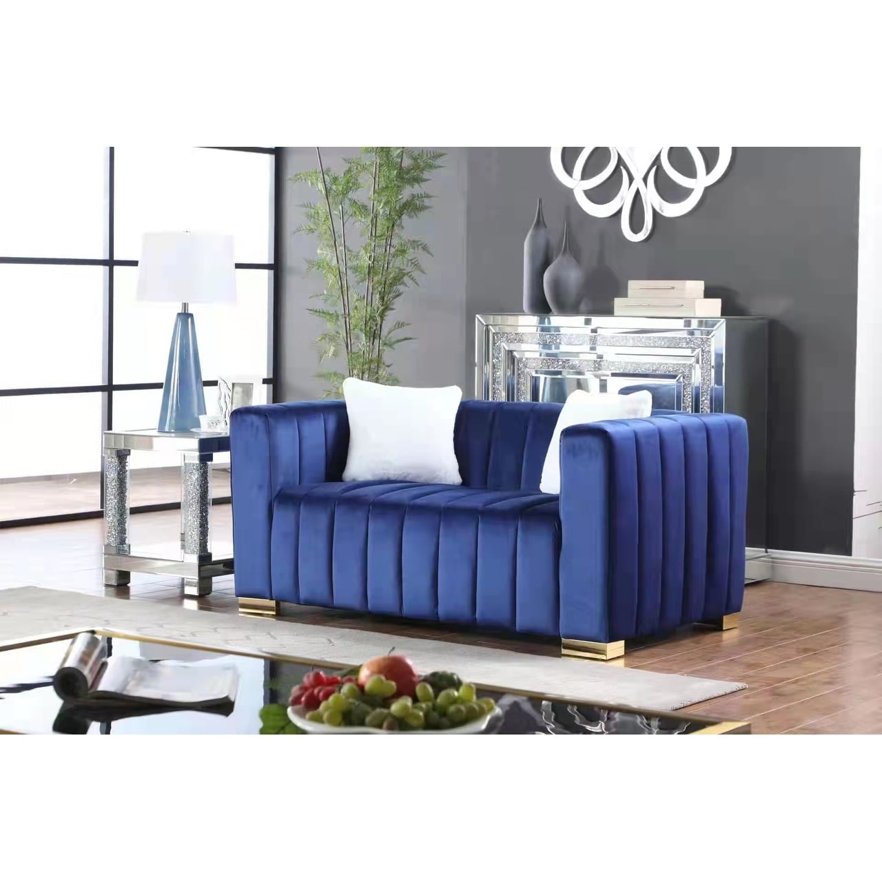 Navy Blue Channel Sofa Premium Materials 2 Seater