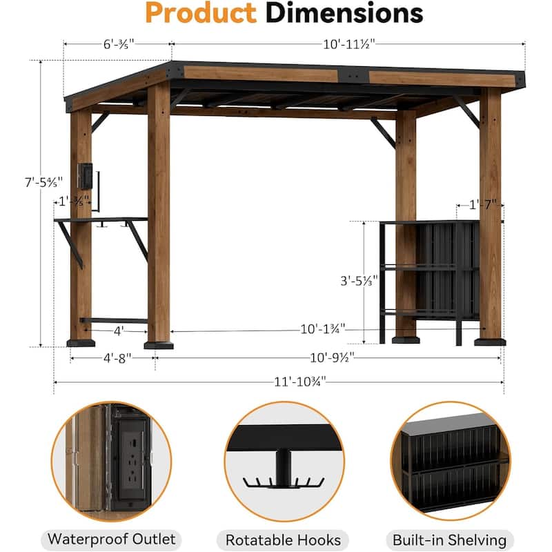 Grill Gazebo 6' X 12', Cedar Wood Gazebo with USB and USB-C Charging Ports for Patio