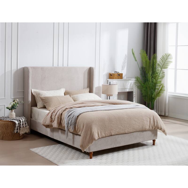 Modern Contemporary Upholstered Platform Bed with Wingback Headboard