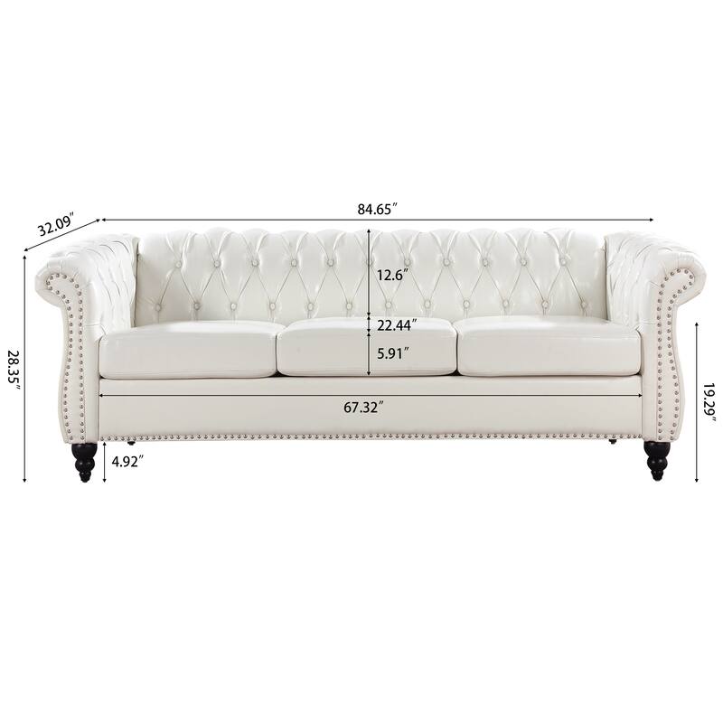 84.65" PU Chesterfield Sofa with Pocket Springs, Birch Legs, Comfortable 3-Seater