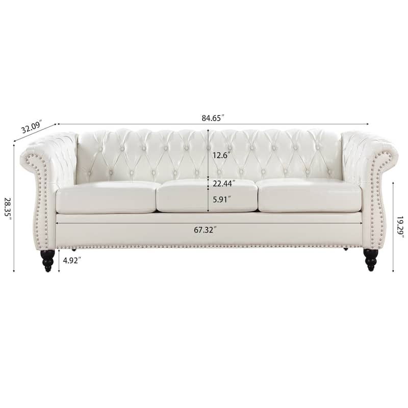 84.65" PU Leather Chesterfield Sofa with Rolled Arms (3-Seater)