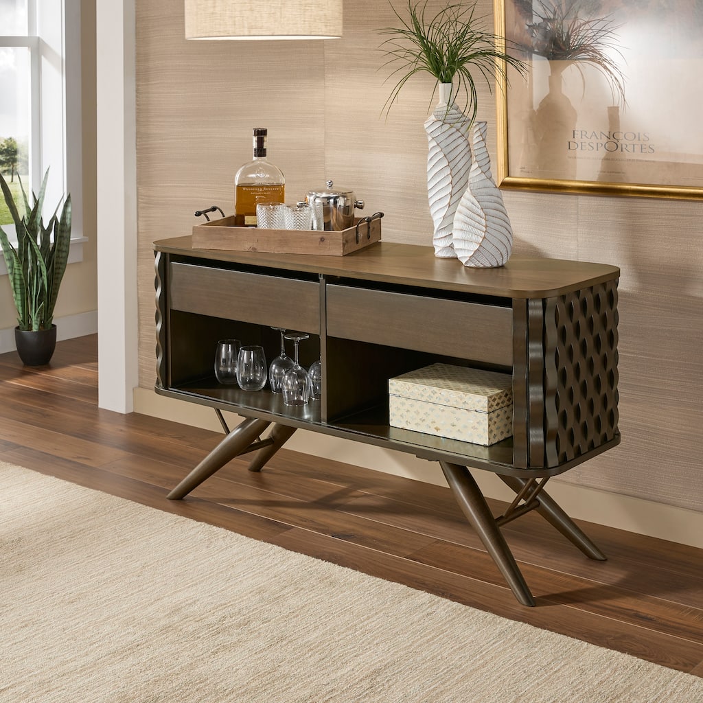 Bernal Two-tone Walnut Finish Rippled Wood Design Server by iNSPIRE Q Modern