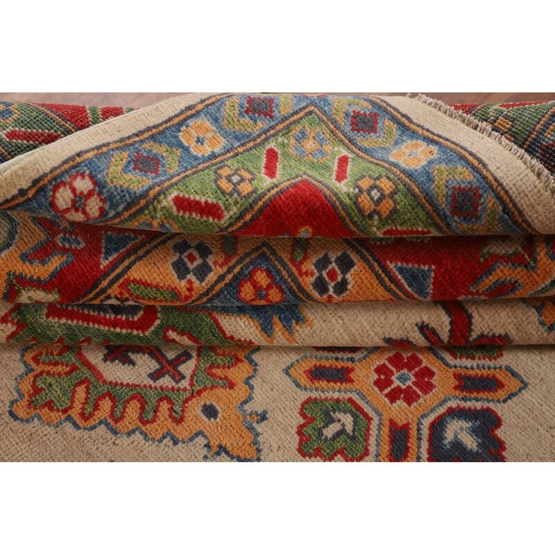 Geometric Kazak Area Rug Hand-Knotted Beige / Ivory Wool Carpet - 6'5" x 9'8"