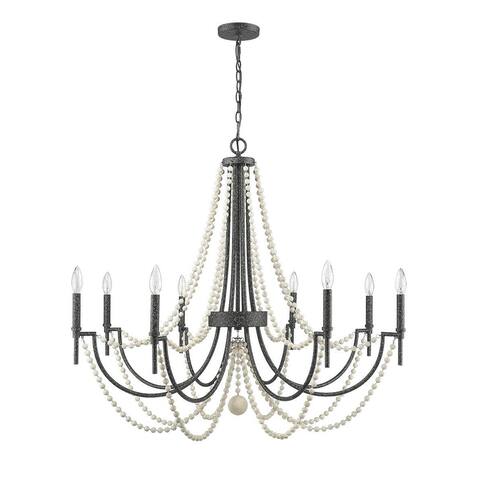 8-Light Chandelier in Matte Black With White Wooden Beads