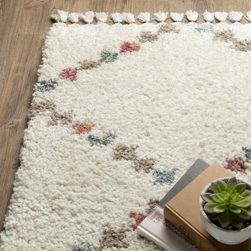 Style Haven Aire Diamond Lattice Ivory/ Multi Shag Tassel Fringe Area Rug.