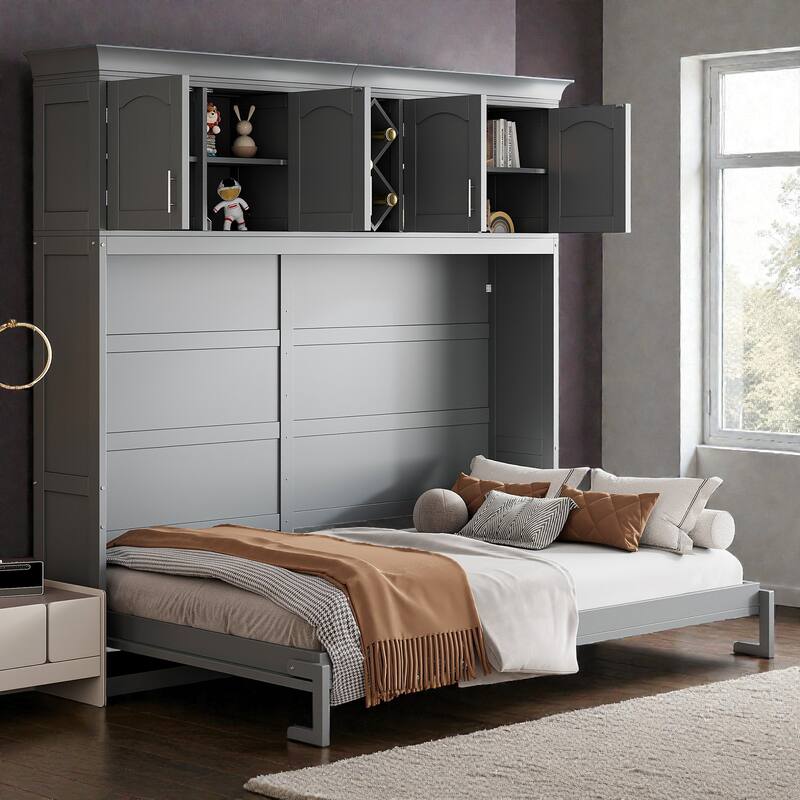 Queen Murphy Bed with Upper Cabinets and Wine Rack, Space-Saving Foldable Wall Bed with Slats