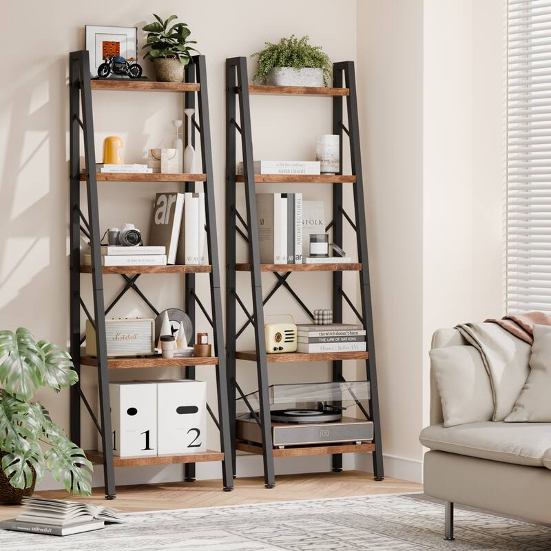 5-Tier Slanted Bookshelf with Fabric Drawer, Wood Storage Shelf