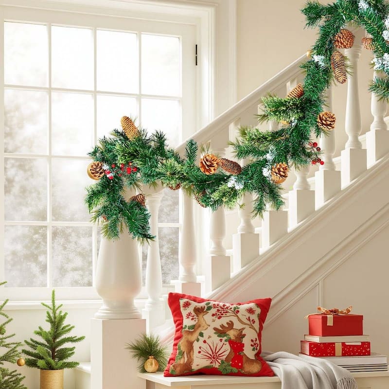 Holiday Greenery Garland 9ft Long with Warm White LED Lights and Lifelike Pinecones - 108.27” x 11.02” x 5.91”