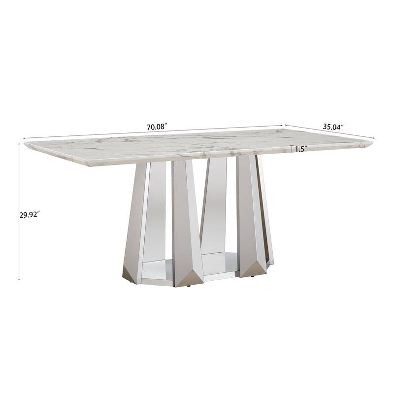 70'' Rectangle Faux Marble Dining Table with Mirrored Finish Stainless Steel Base - Silver+White