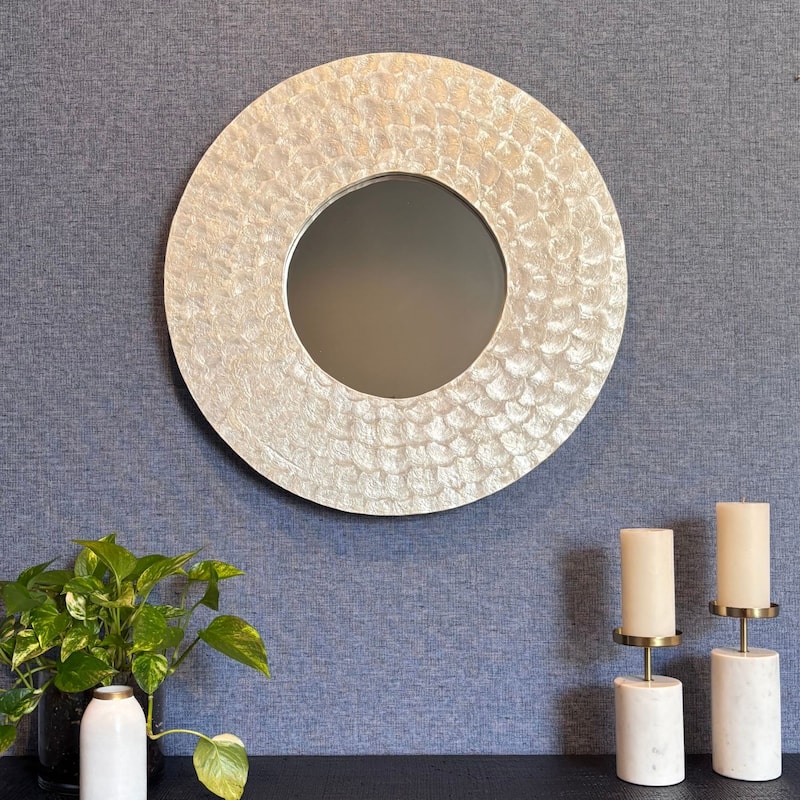 Jemma White Capiz Mosaic Round Wall Mirror by East at Main - 27-inch