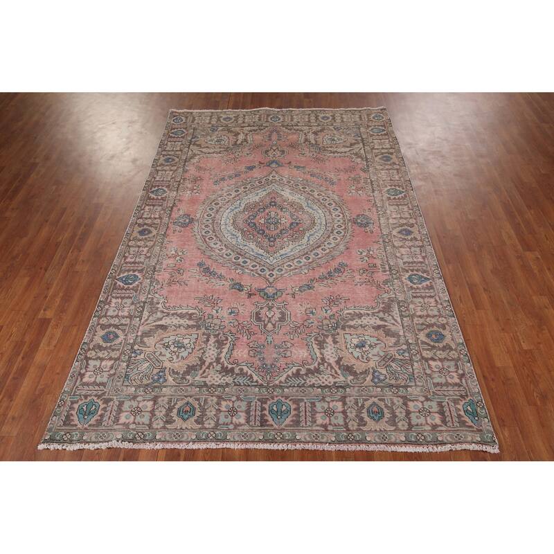 Pink Tabriz Vintage Persian Area Rug Hand-Knotted Wool Carpet - 6'8" x 9'9"