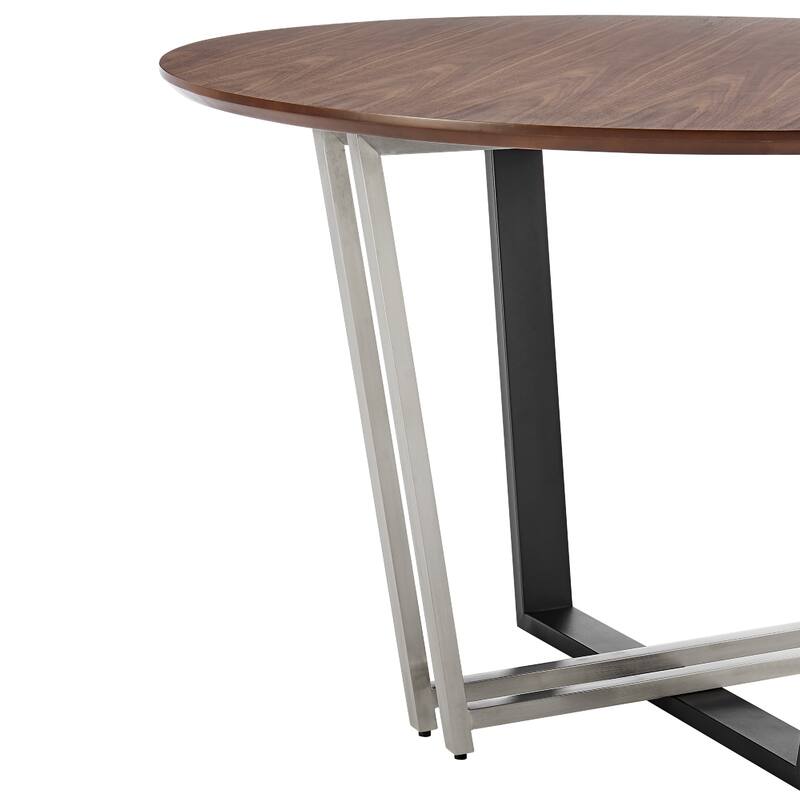 Leyne 48 Inch Round Dining Table, Stainless Steel, Black Iron, Walnut Veneer - Walnut Brown, Black, Silver