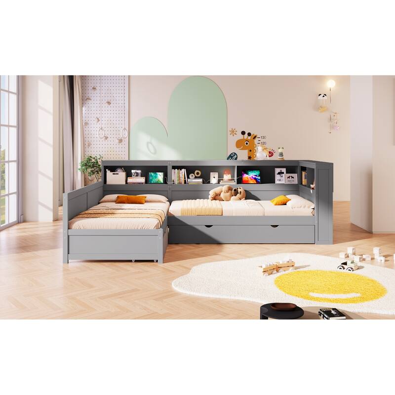 Wood Twin Size L-shaped Platform Bed with Trundle and a Drawer