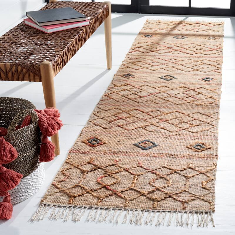 SAFAVIEH Handmade Natural Fiber Arly Boho Jute Fringe Rug - 2'3" x 9' Runner - Natural/Rust