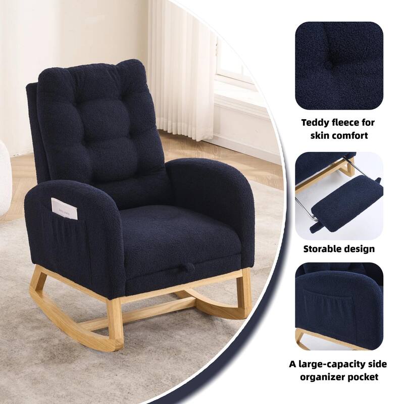 Rocking Recliner Chair with Thick Cushions & Adjustable Footrest, Accent Table Lounge Chair with Hidden Storage Pocket