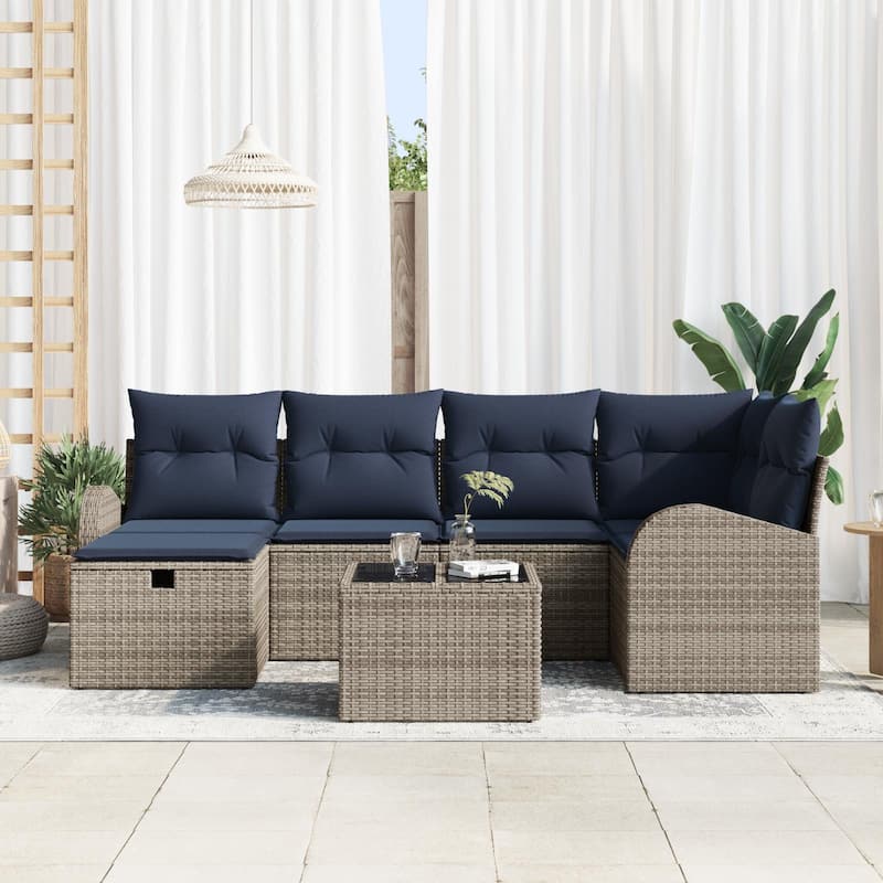 vidaXL 6/7 Garden Sofa Set with Cushions Black/Brown/Grey Poly Rattan - 92.1 x 48.8 x 27.2
