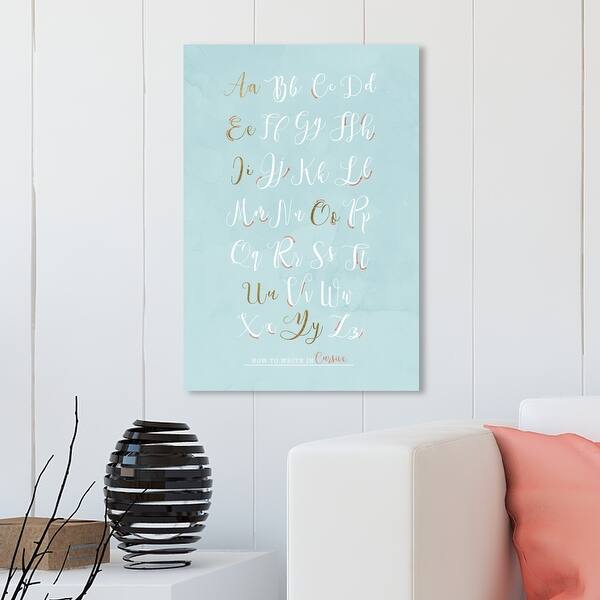 wynwood studio cursive alphabet typography and quotes wall art canvas print letters and calligraphy blue gold overstock 31291124