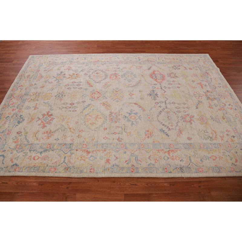 Hand Knotted Oriental 100% Wool Carpet Transitional All-Over Beige & Ivories Oushak Area Rug - 8' 9'' X 6' 0''