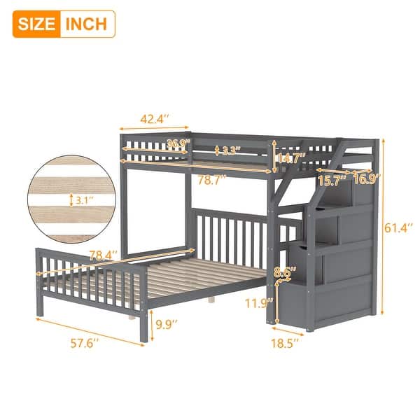 Twin Over Full Bunk Bed with Storage Stairs, Wooden Stairway Bunk Bed L-shaped Bunkbeds Frame, Twin Loft Bed w/Full Platform Bed