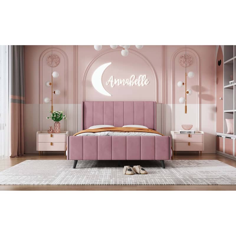Velvet Upholstered Platform Bed with Wingback Headboard
