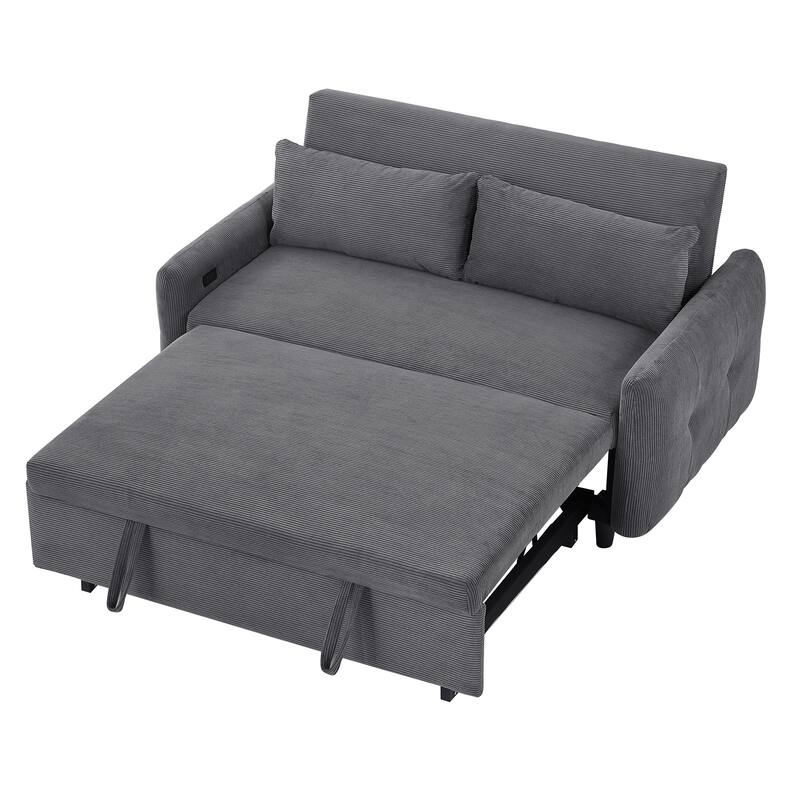 Corduroy Fabric Convertible Sofa Bed, Sleeper Sofa with Throw Pillows and USB Ports, 2 Seat Loveseat with Adjustable Backrest