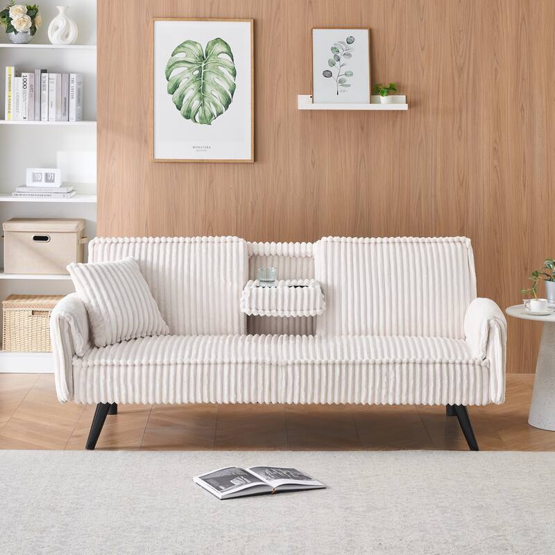 Corduroy Loveseat Sofa with Cup Holder and 1 Pillow, Sleeper Sofa Bed with Adjustable Backrest for Living Room