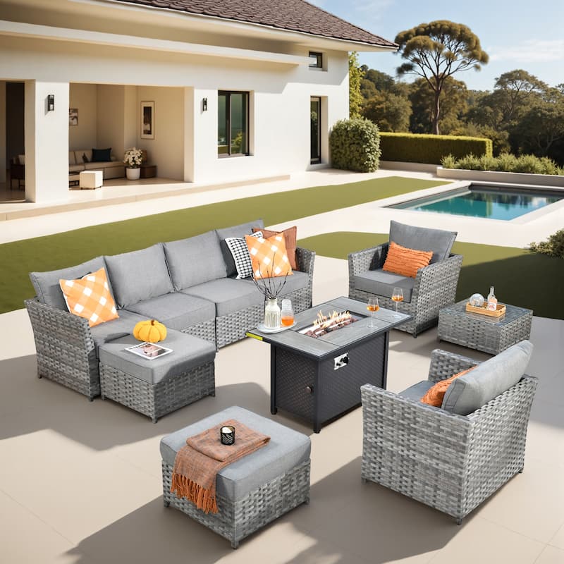 XIZZI 10-piece Patio Furniture Outdoor Sectional Sofa Set with Fire Pit - Dark Grey