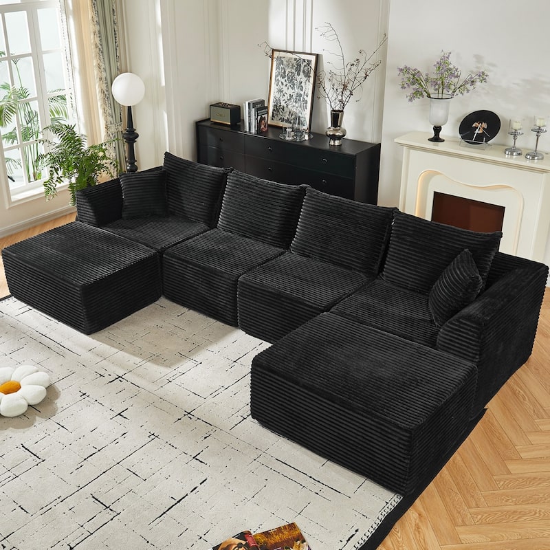 130" U-Shaped Corduroy Sectional Sofa with 2 Ottomans, No Assembly Required - Black