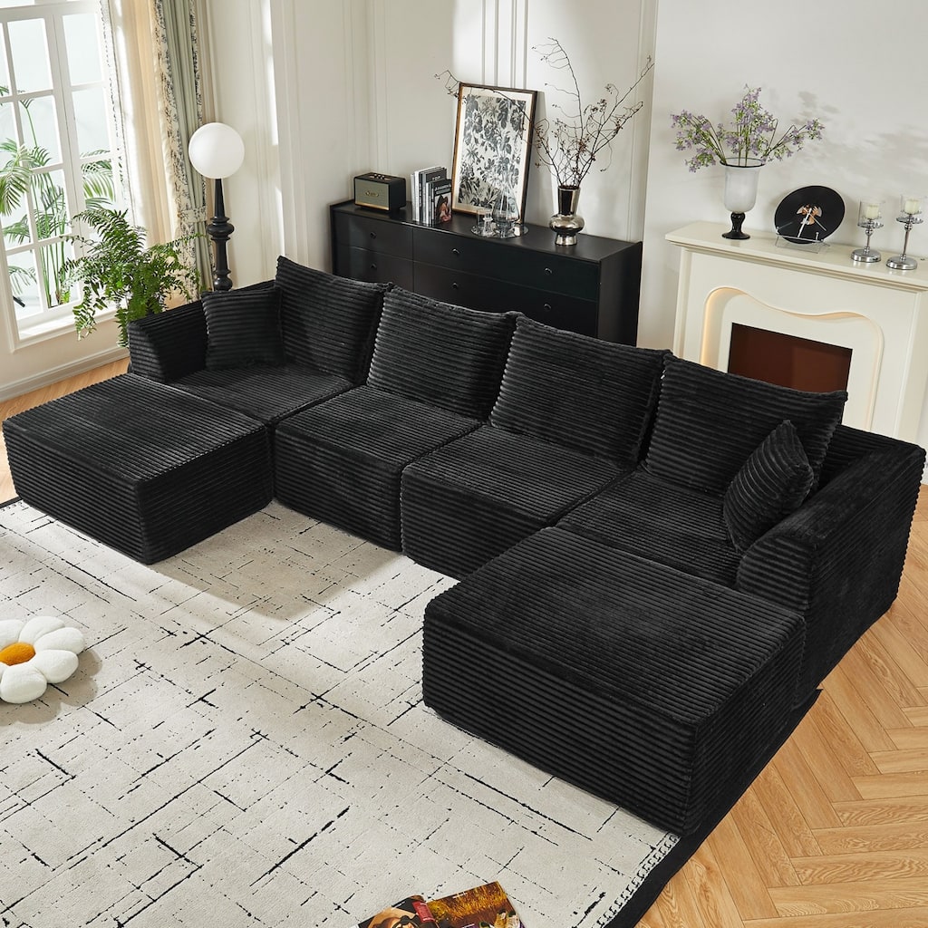 130" U-Shaped Corduroy Sectional Sofa with 2 Ottomans, No Assembly Required