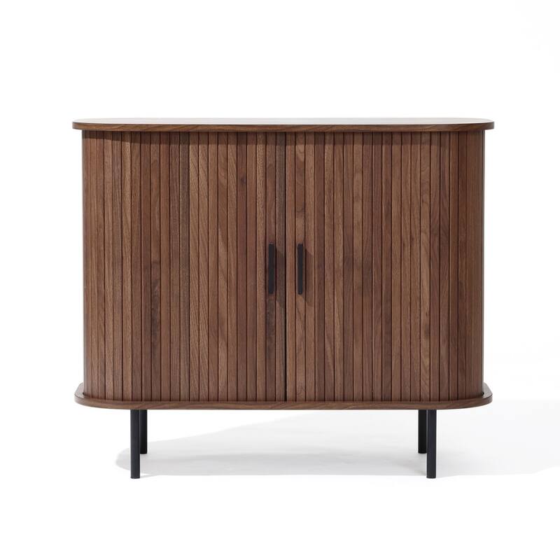 Mid-Century Modern 2-Door Accent Cabinet with Slatted Sliding Doors - 29.5" H x 35.4" W x 15.7" D - Walnut