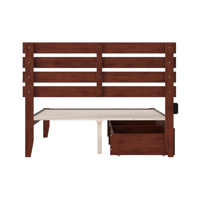 Full Walnut Platform Bed with USB Turbo Charger, Two Rolling Storage Drawers, and Durable Slat Support