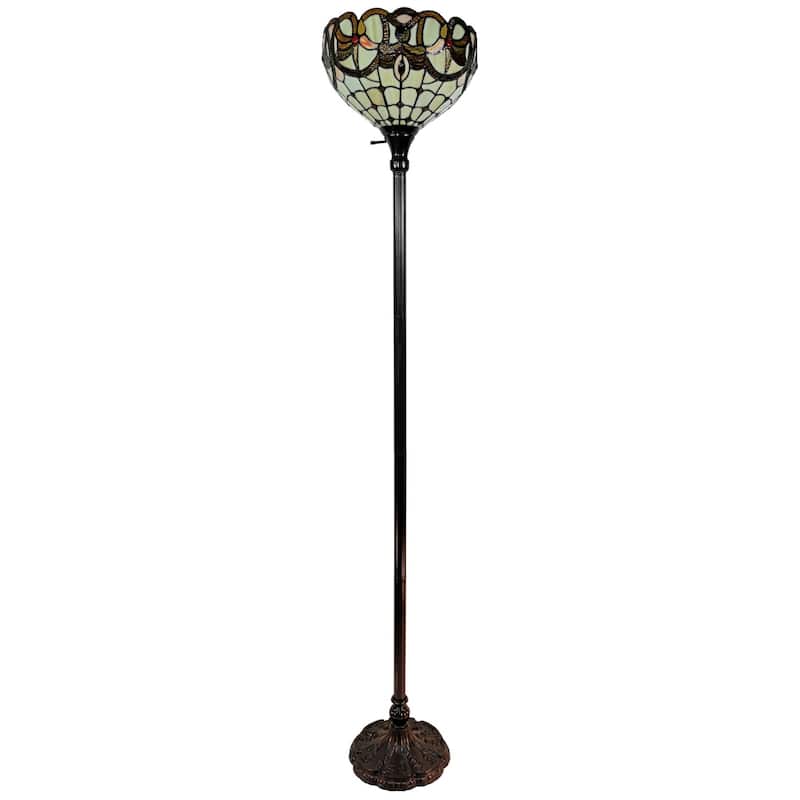 Beige Metal Torchiere Floor Lamp with Red White Stained Glass Shade - 12” x 12” x 62” (D x W x H)
