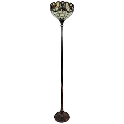 Beige Metal Torchiere Floor Lamp with Red White Stained Glass Shade - 12” x 12” x 62” (D x W x H)