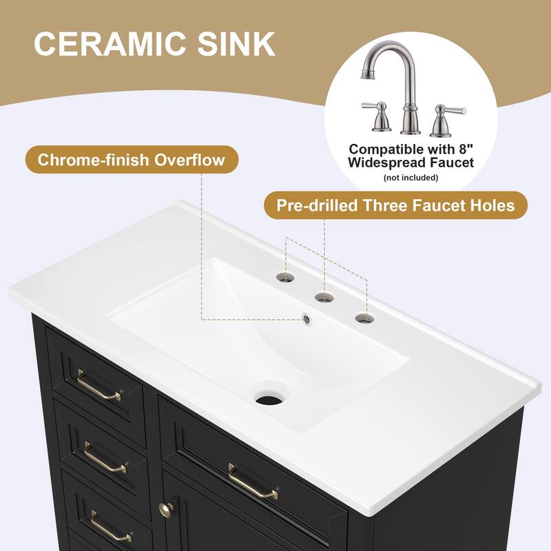 36-Inch Bathroom Vanity with Ceramic Sink Top, 4 Drawers and 1 Soft-Close Door, Freestanding Storage Cabinet with Metal Handles