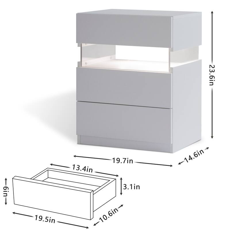3 Drawer LED Nightstand with Acrylic Board and RGB Lighting for Bedroom, Living Room, or Office