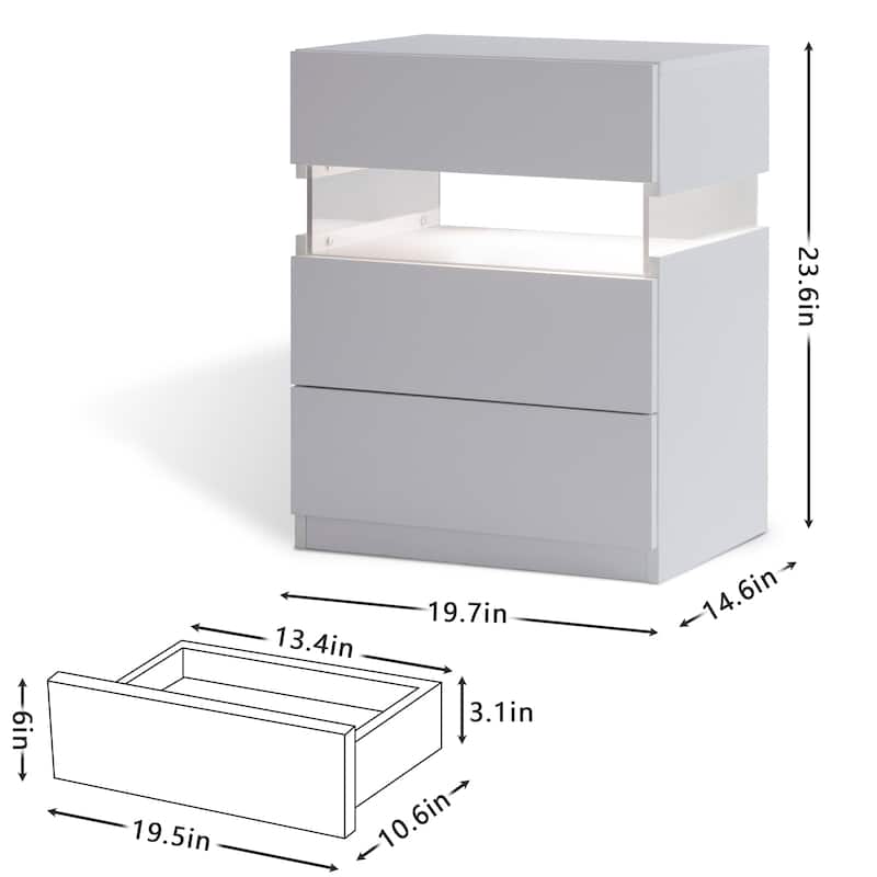 LED Nightstands, Acrylic Board LED Bedside Tables Table with 3 Drawer Dresser for Bedroom Living Room Bedside Furniture