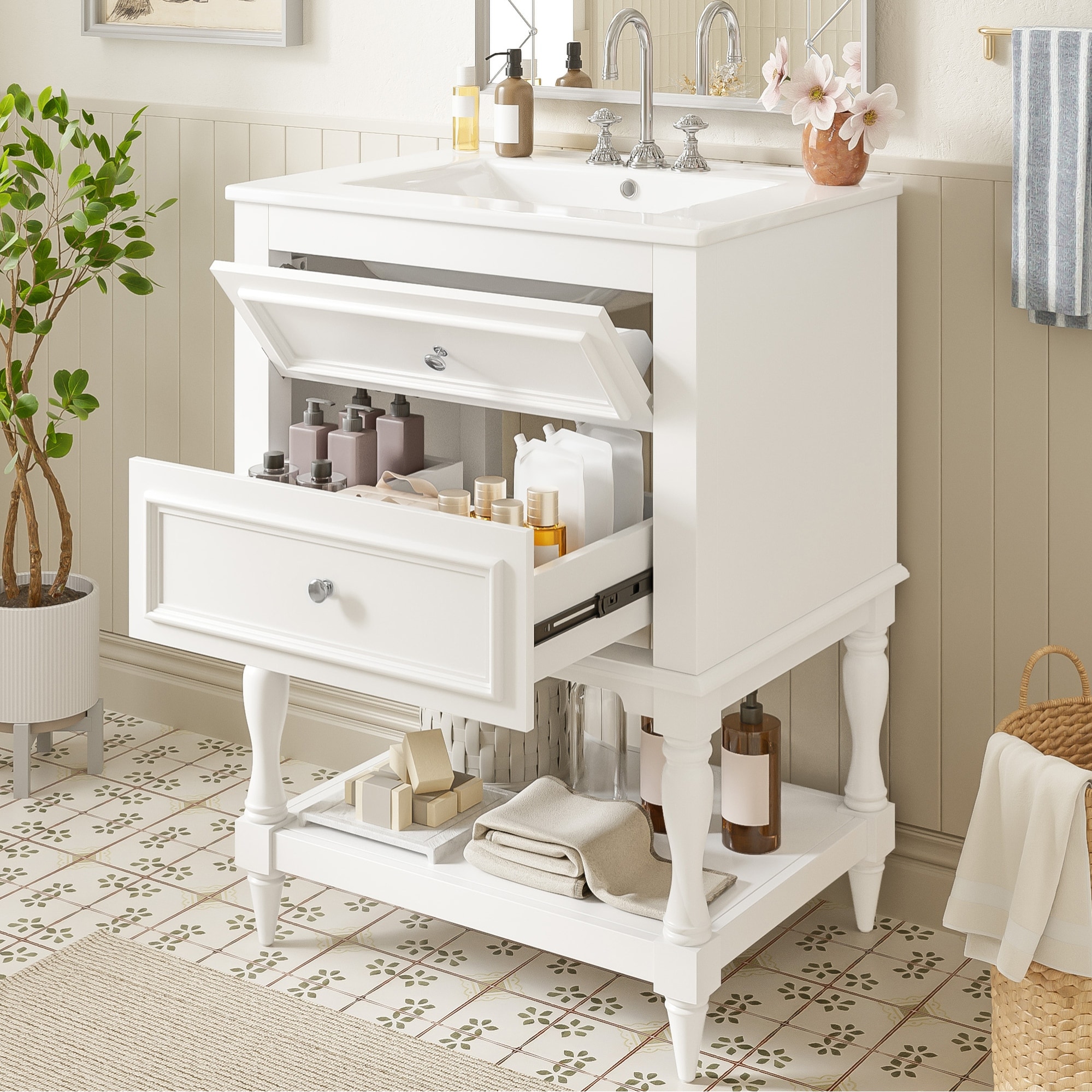 24" Retro Bathroom Vanity with Ceramic Sink & 2 Drawers - Solid Wood Storage Cabinet with Open Shelf