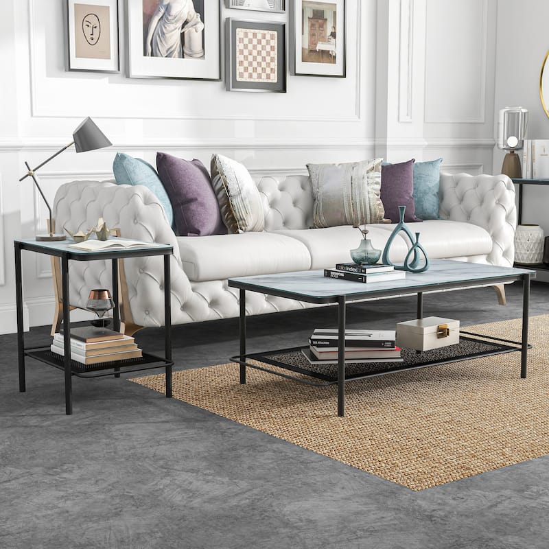Puetz Contemporary Black Glass Top 2-Piece Coffee Table Set by Furniture of America