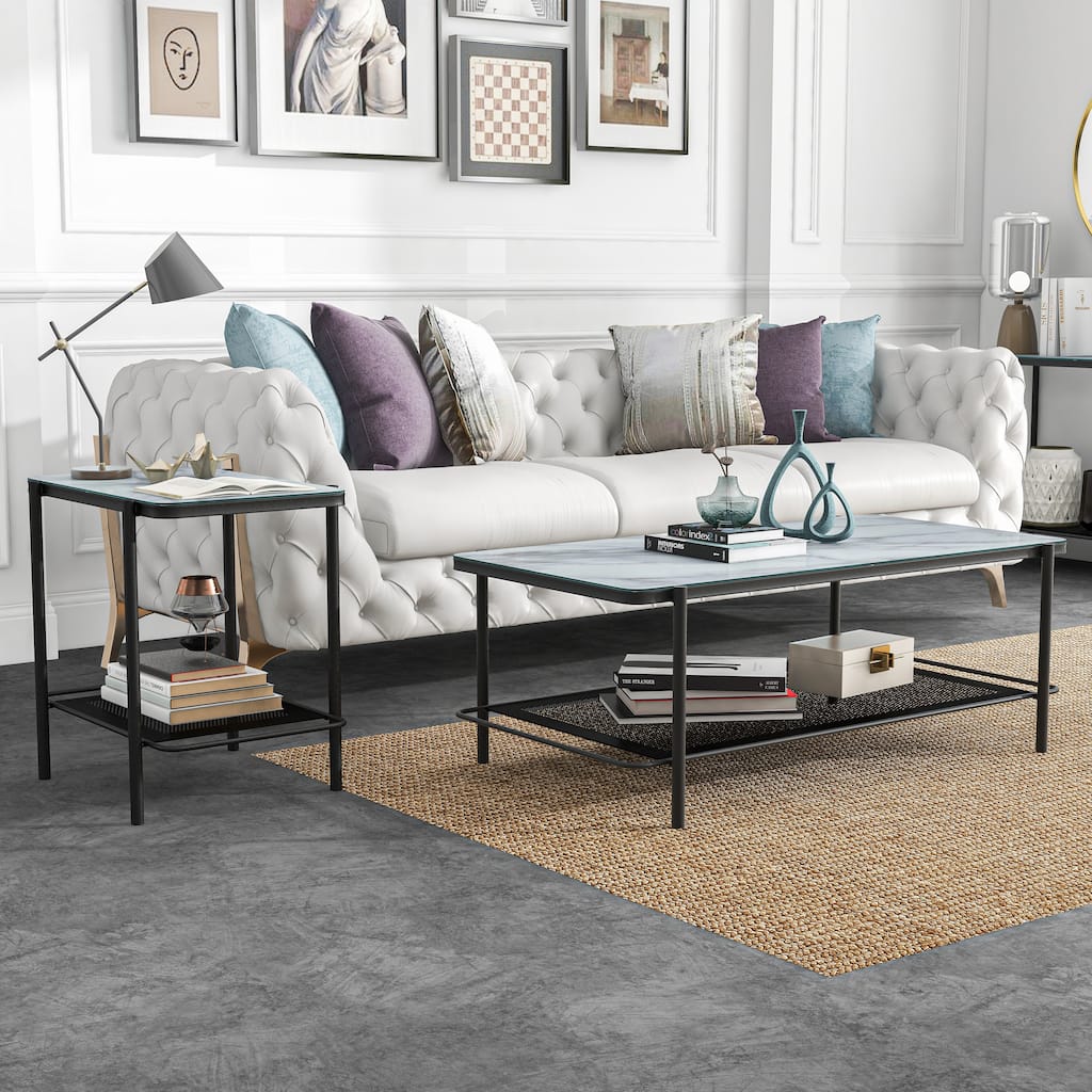 Puetz Contemporary Black Glass Top 2-Piece Coffee Table Set by Furniture of America