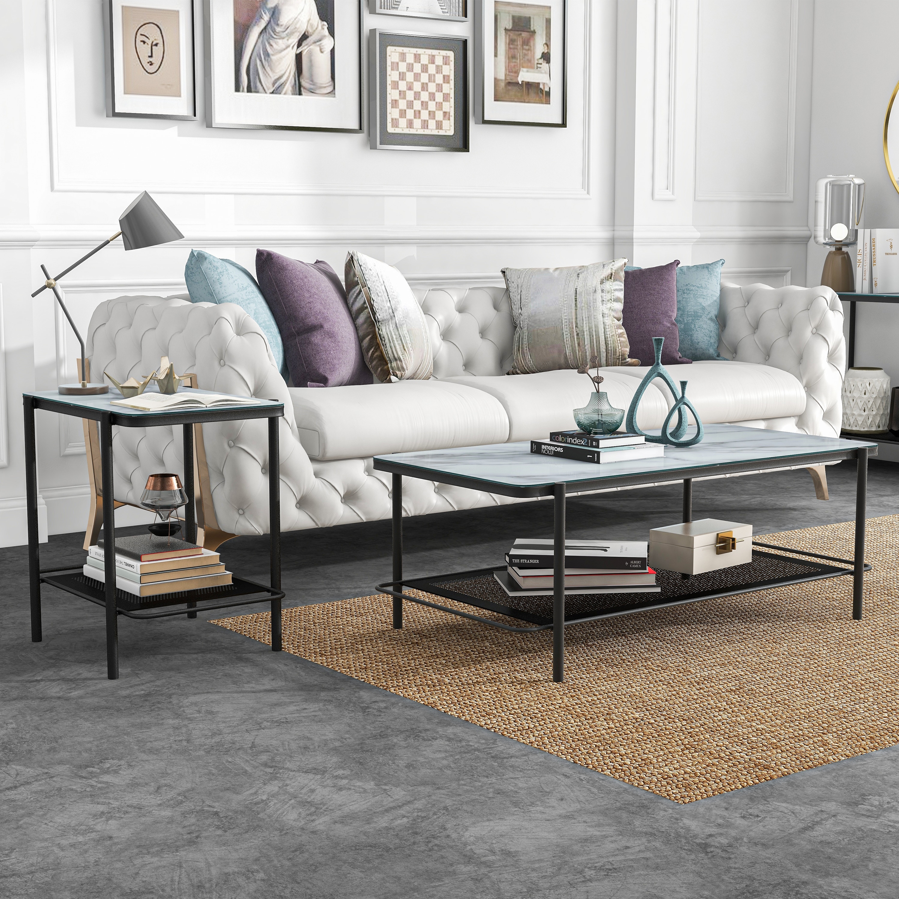 Furniture of America Puetz Contemporary Black Glass Top 2-Piece Coffee Table Set