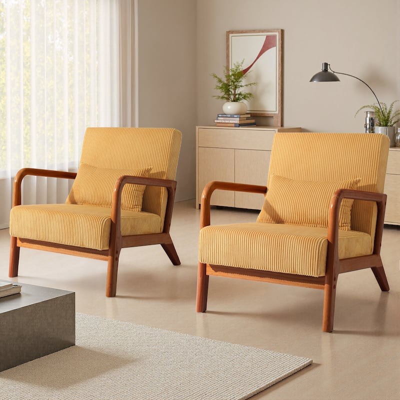 Modern Corduroy Upholstered Accent Chair with Wood Legs Set of 2
