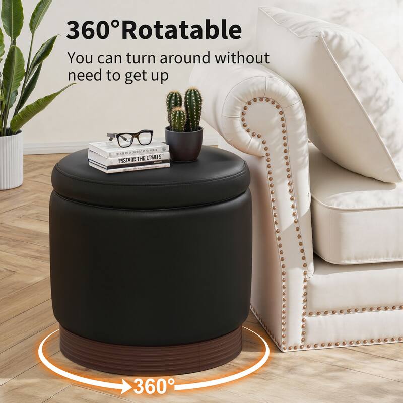 Round Swivel Storage Ottoman Footstool with Flip-top and Acacia Frame
