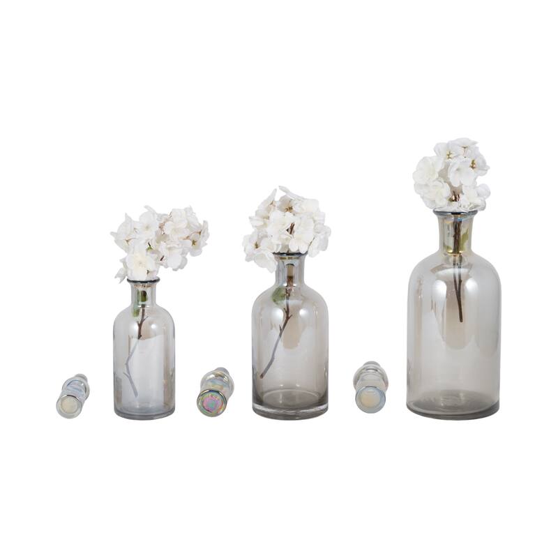 Sagebrook Home Callum Gray Glass Bottles, Grey, Cylinder, 16"H, Clear, 13/14/16", Set Of 3