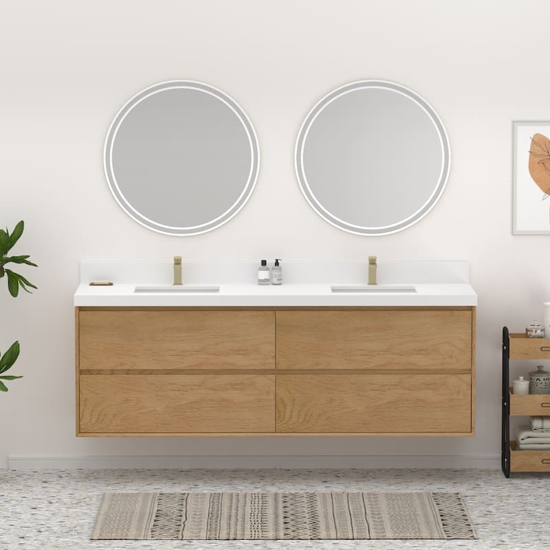 Sylphar 72 in. Toffee Oak Bath Vanity with Undermount Sink, 3 Top Options - Pure White Sparkle Quartz Top Set