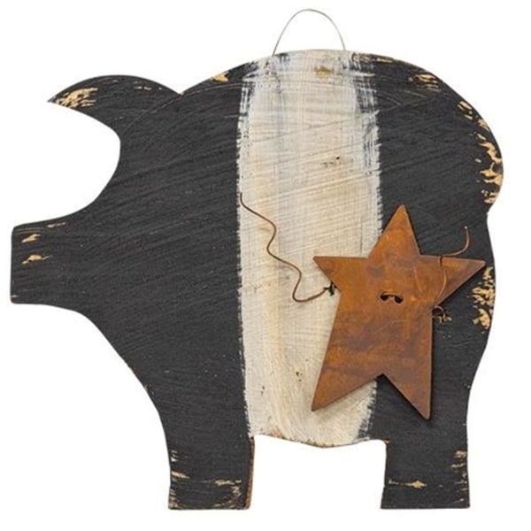 Hanging Black & White Pig w/Rusty Star 7"