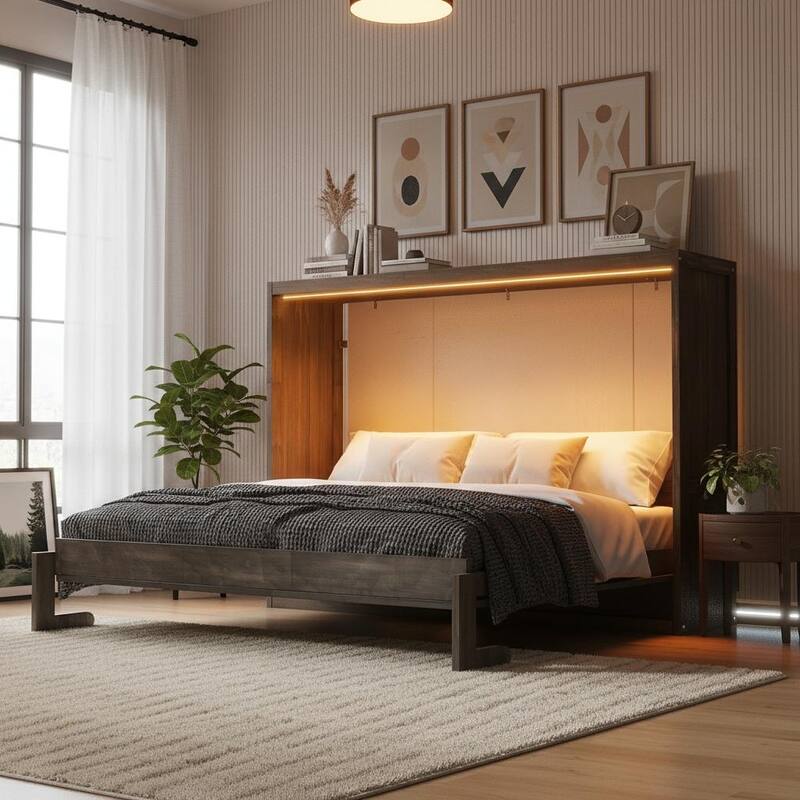 Murphy Bed with LED Light by Harper&Bright Designs - Brown - Queen