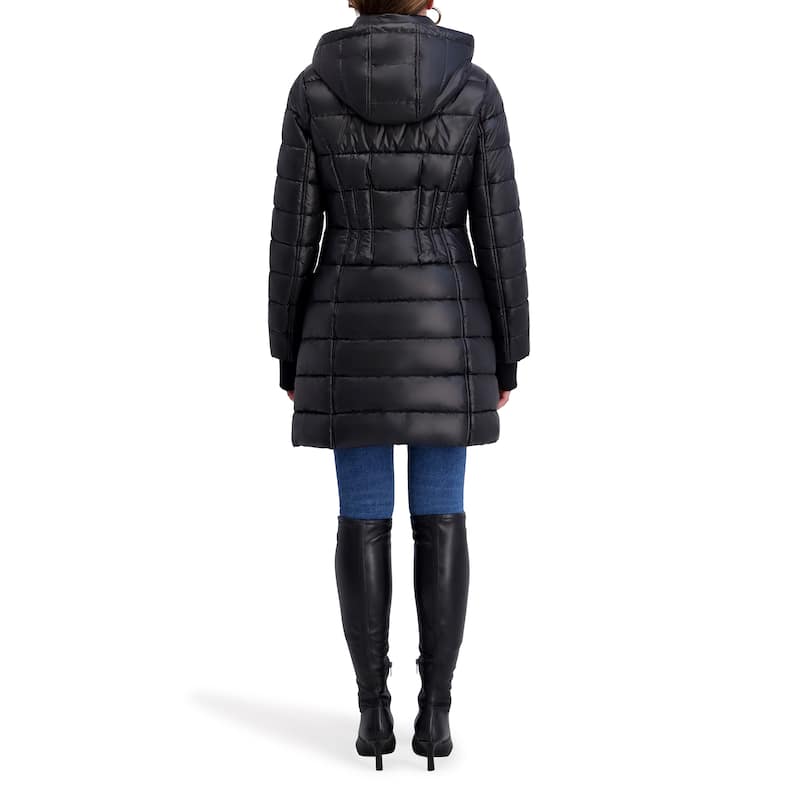 Kensie Quilted Hood Mid-Length Puffer Jacket - Black - XL