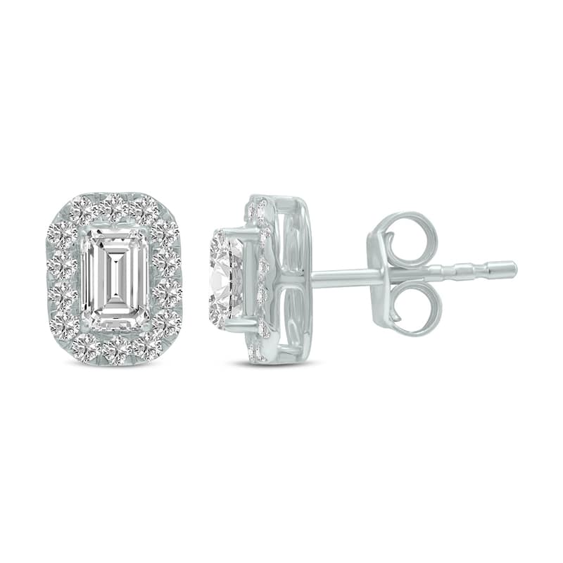 Marquee 2 Carat TW Emerald Cut Lab Grown Diamond Halo Earrings in 14K White Gold