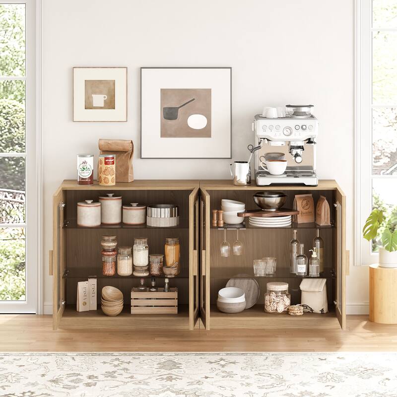 62"LX31"H Solid Wood Kitchen Pantry Sideboard Buffet Cabinet Storage with Glass Doors