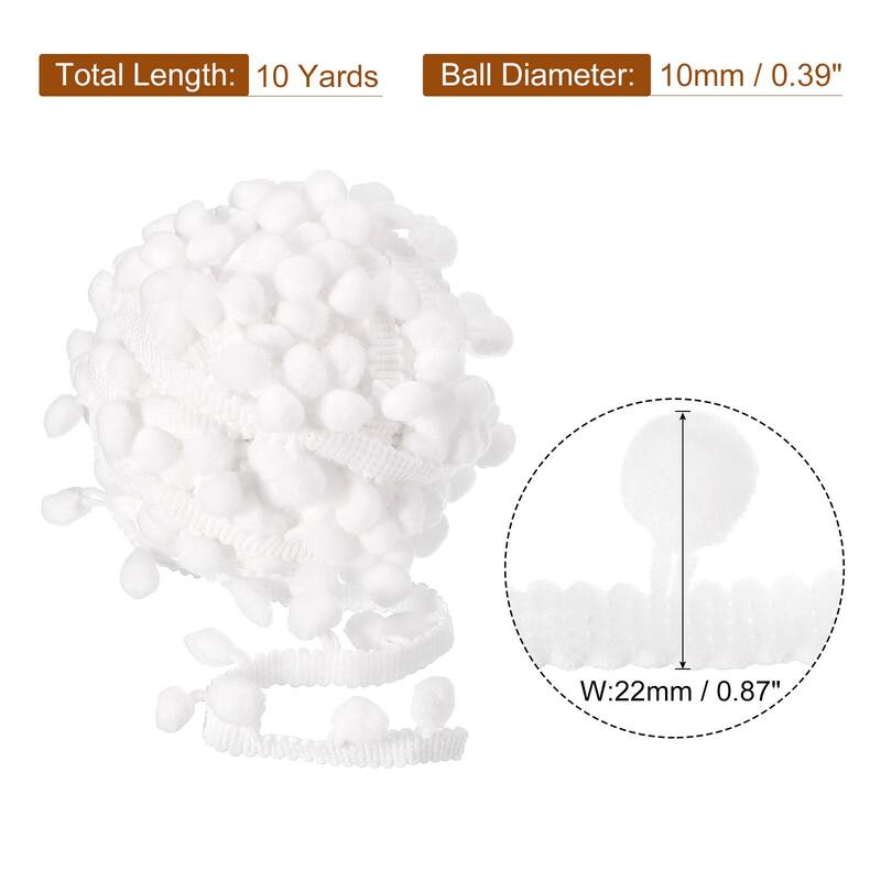 Pom Pom Ball Fringe Trim Ribbon Sewing Accessory DIY Crafts, 10mm - White - 10 Yards